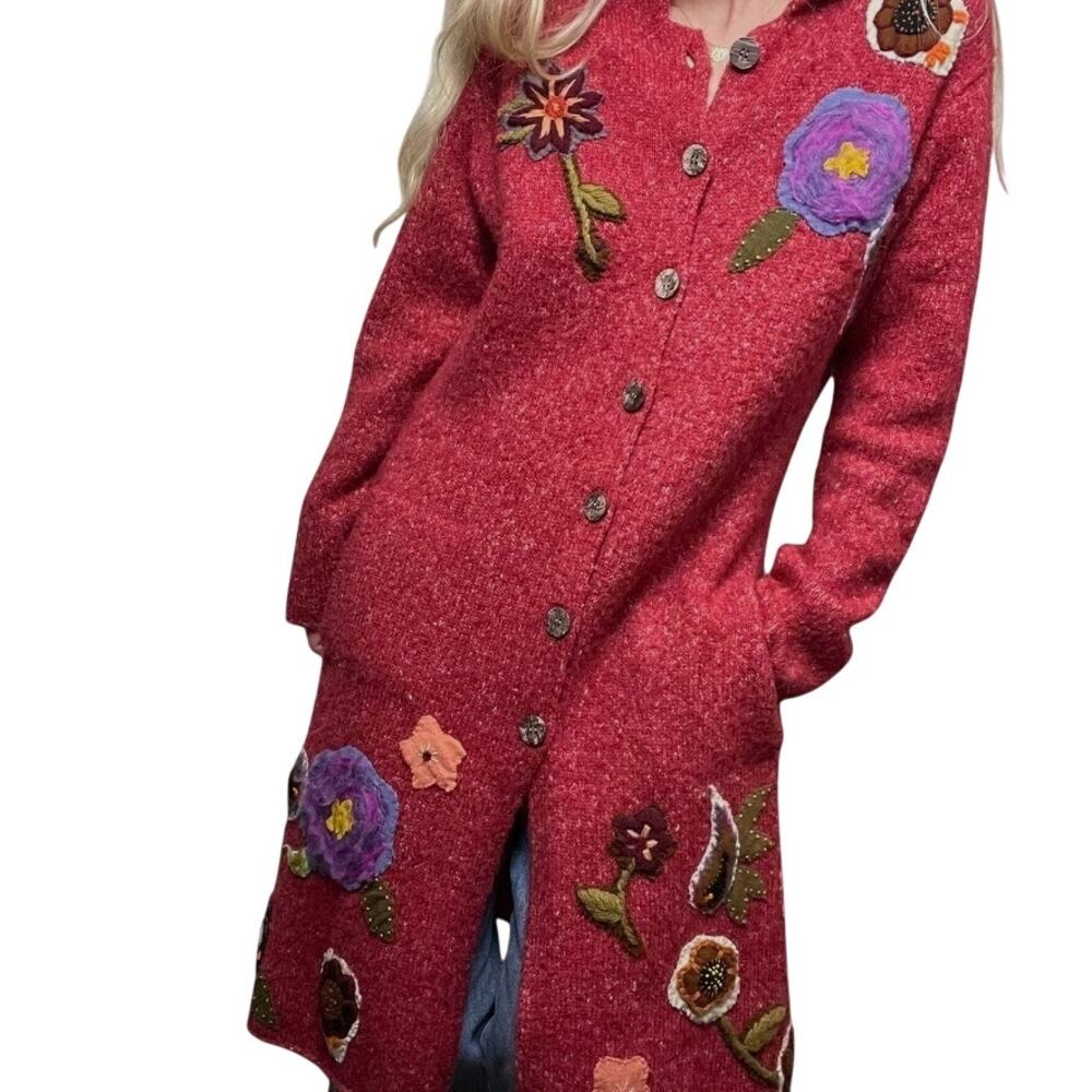 Relais Knitwear Long Cardigan Whimsical Embroidered Floral Patches Red Size M